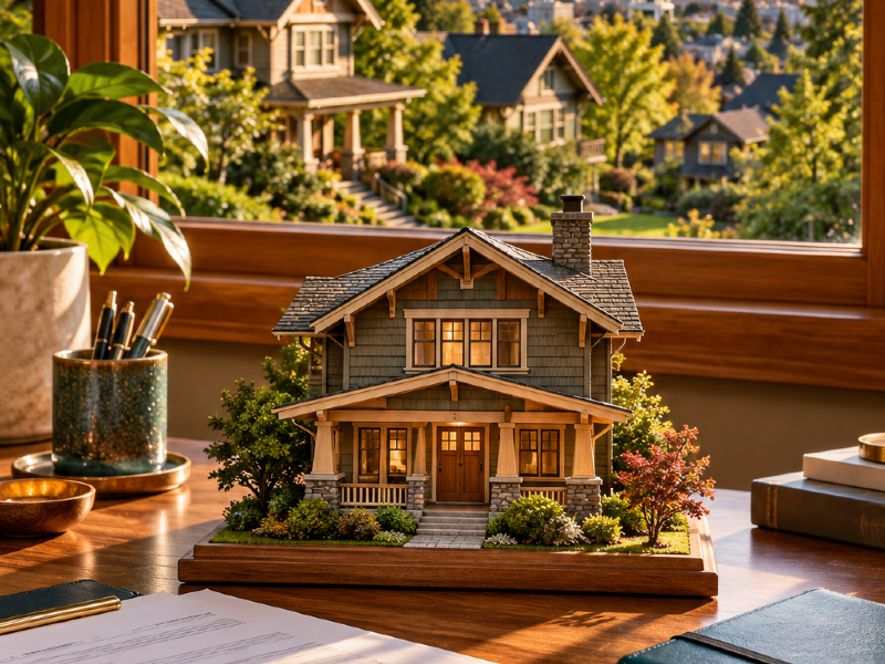 House model, mortgage paperwork and keys beside a window overlooking Seattle
